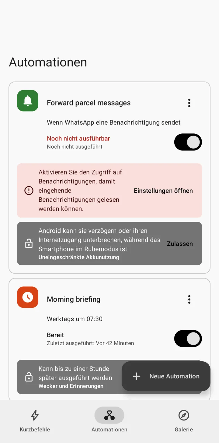 Der Tab „Automationen“: Jede Automation zeigt, ob sie bereit ist