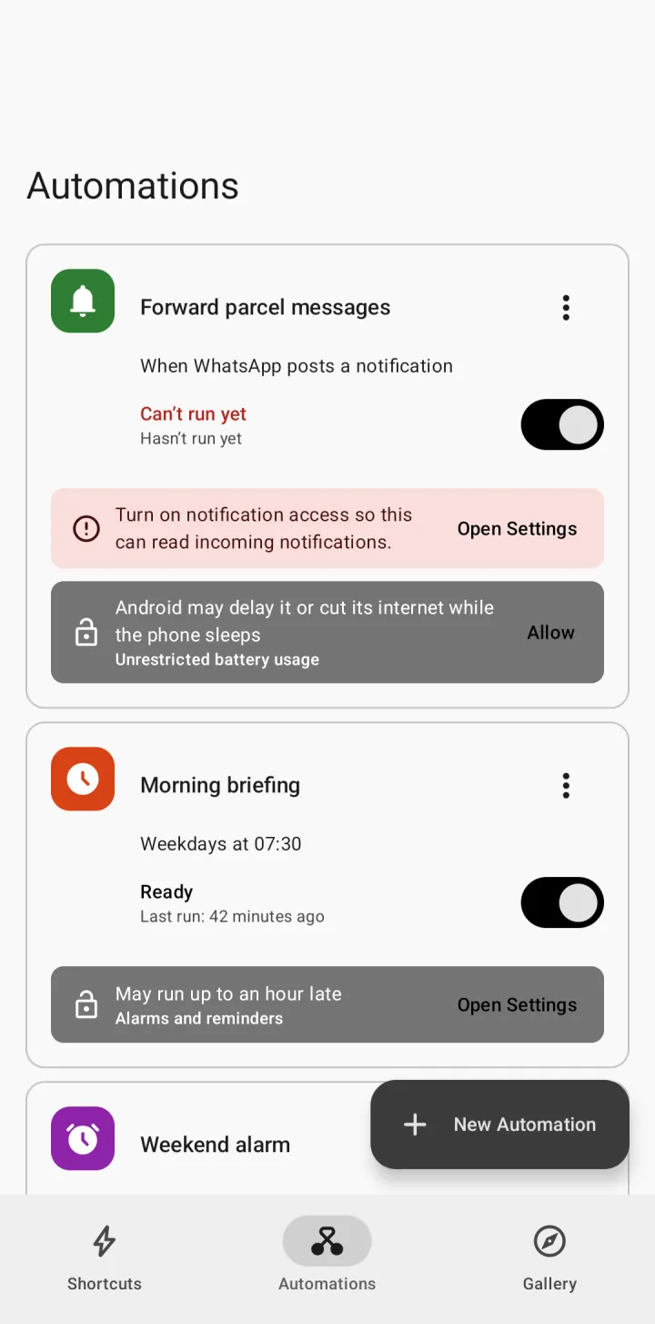 The Automations tab: each automation shows whether it is ready