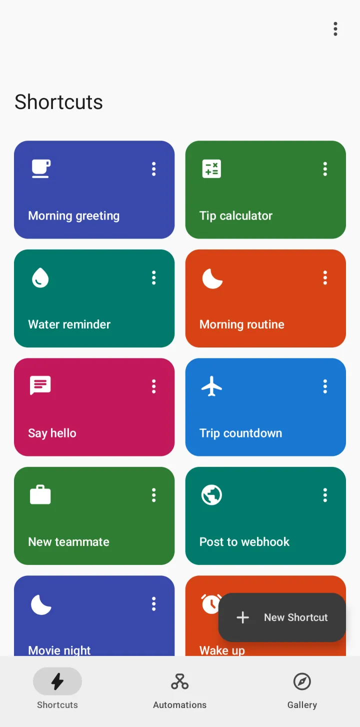 The Shortcuts tab with colorful shortcuts